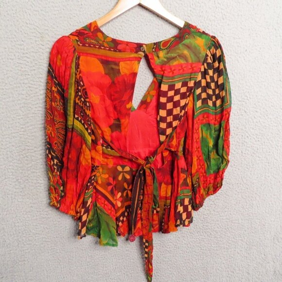 Farm Rio x Anthropologie Top XXS V Neck Open Back Boho Tassels Floral Blouse NEW - Picture 2 of 14